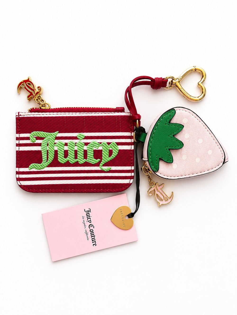 Juicy Couture Strawberry Coin Purse Card Holder Keychain Bag Charm Set